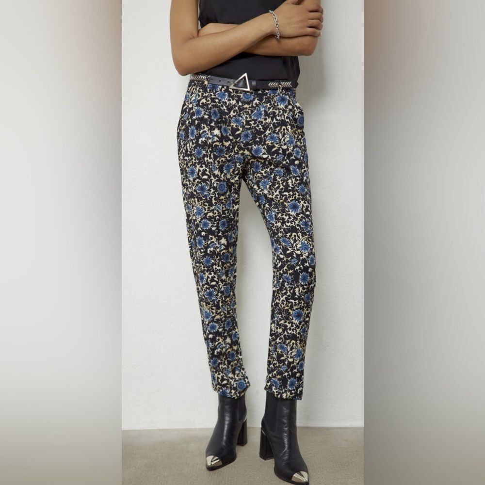 IKKS Floral Pants Pleated Front Pockets Black Blue 6